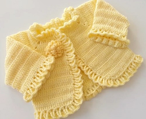 Sarı Düz Trabzan Tığ İşi Bebek Bolero Modeli – Ön Yüz