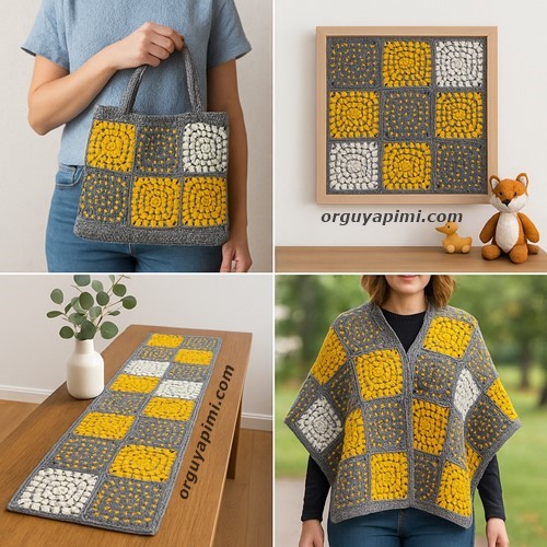 40 yamalı patchwork örgü modellerle hazırlanmış panço, çanta, runner ve duvar dekoru