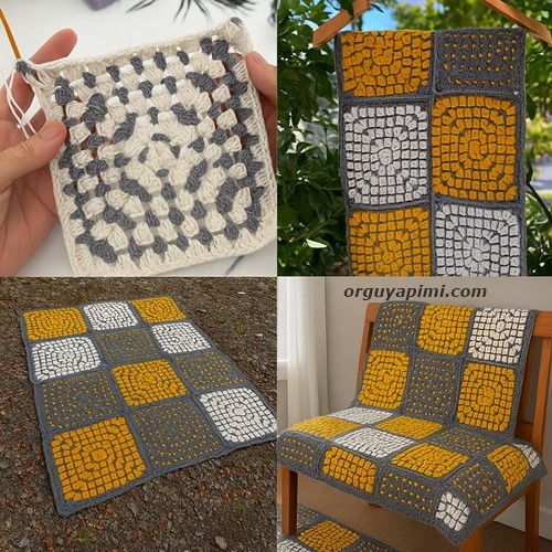 Patchwork 40 yamalı tığ işi battaniye sedir örtüsü, paspas ve askıda sergilenen tek motif