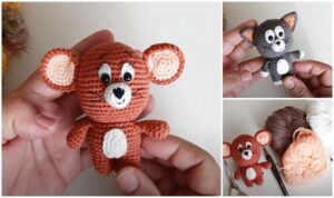 Amigurumi Tom ve Jerry oyuncak seti ve kullanılan örgü malzemeleri