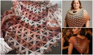 Batik ipten örülmüş zincir baktüs şal, siyah gece elbisesi üzerine omuzlara alınmış halde.