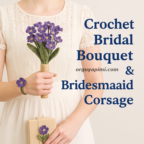  A rustic bridal bouquet made of handmade crochet Forget-Me-Not flowers