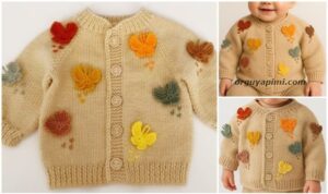 🦋 Kelebek Süslü Bebek Hırka Modeli – Yakadan Başlamalı Kız ve erkek bebek üzerinde kelebek süslü bebek hırka modeli