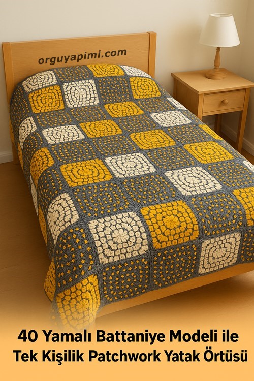 Tek kişilik yatağa serilmiş 40 yamalı patchwork tığ işi battaniye modeli