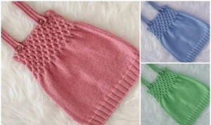 Askılı kuşaklı kız bebek elbisesi modeli üç farklı renkte örülmüş; gül kurusu, mavi ve yeşil tonlarda şiş örgü tasarım.