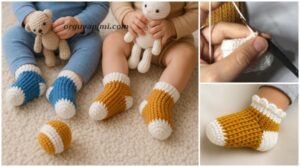 Örgü Bebek Çorap Modeli – Tığ İşi Dikişsiz Yapım Anlatımı Bebeklerde kullanılan örgü çorap modeli ve yapım aşaması görseli