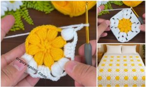 Kolay fıstıklı kare motif yapım aşamaları, tek motif ve yatak örtüsü kolajı.