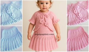 Örgü Kız Bebek Takımı – Bolerolu Etek Modeli Mavi ve pembe örgü kız bebek takımı kolajı – bitmiş modeller ve takımı giyen kız bebek birlikte gösterilmiş.