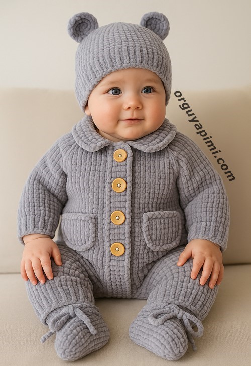 Kadife ipten gri bebek tulumu – oturan bebek, iki cepli örgü tulum ve bere modeli