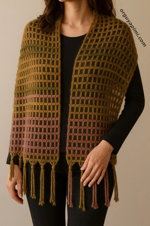 batik kafesli uzun şal modeli kadın üstünde