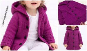 kapüşonlu kız bebek hırkası 1-2 yaş şiş örgü modeli