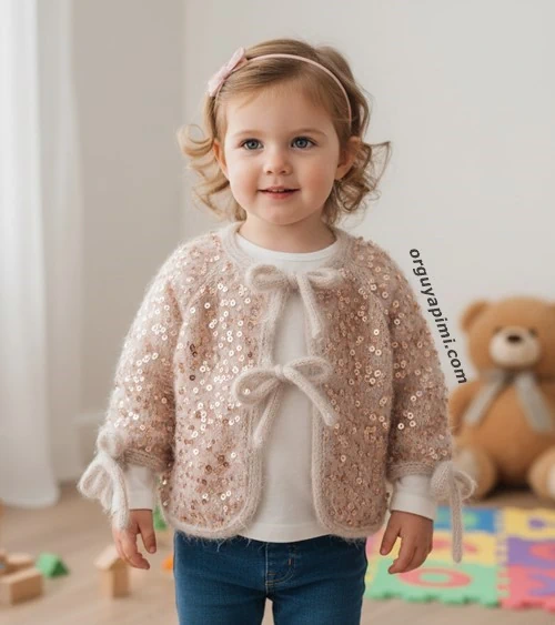 2–3 yaş kız çocuk üzerinde pullu bebek hırkası modeli