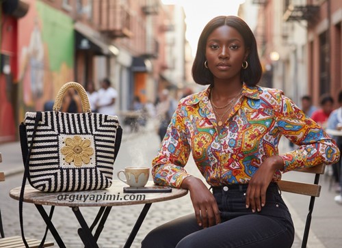 Daisy motif zebra pattern crochet bag displayed on a cafe table with a stylish woman sitting outdoors