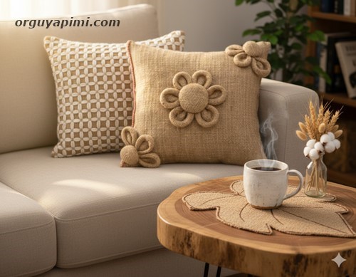 Jüt çuvaldan yapılmış kırlent ve yaprak formunda supla ile dekore edilmiş modern salon