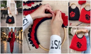 Kadife iple çanta yapımı parmak örgüsüyle örülmüş gül desenli çift taraflı kırmızı siyah çanta modeli