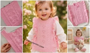 Kalp ajurlu yan fırfırlı kız bebek süveter modeli pembe renk