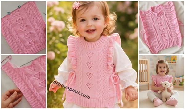 Kalp ajurlu yan fırfırlı kız bebek süveter modeli pembe renk