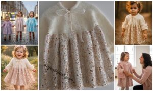 Örgü pullu bebek elbisesi robadan başlama şık kız bebek modeli