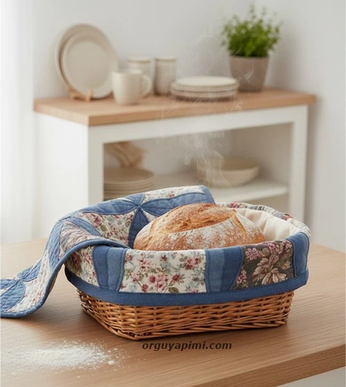Patchwork çiçek desenli kumaş ekmek sepeti kılıfı