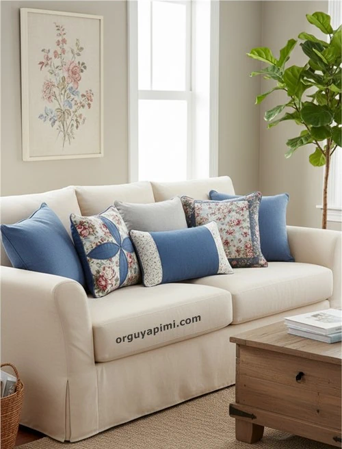 Patchwork çiçek desenli dekoratif kırlent modelleri