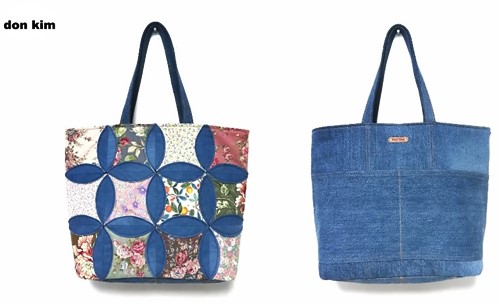 Patchwork kot kumaş kadın çantasının ön ve arka görünümü