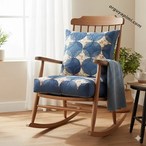 Patchwork çiçek desenli minderli sallanan sandalye