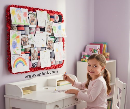 Upcycled sock puff wall board with soft padded modules for kids room