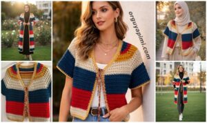 Waffle kadın yelek modeli yakadan başlama renkli gofret örgü
