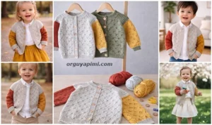 Ajurlu baharlık bebek hırka yakadan başlama 3 renkli unisex model kolaj görünümü