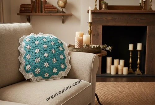 Altıgen dantel motifi ile hazırlanmış motifli dantel kırlent modeli