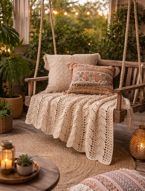 Crochet leaf blanket draped over wooden swing with decorative pillows