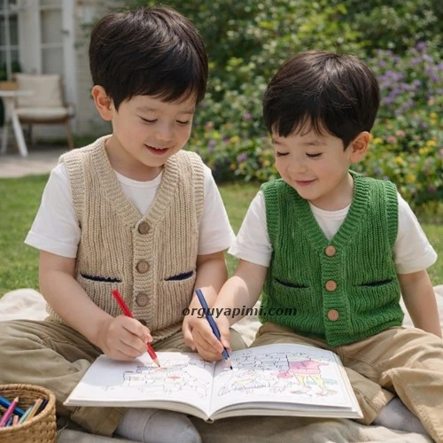 Selanik model erkek çocuk yelek 3 ve 5 yaş kardeşler üzerinde