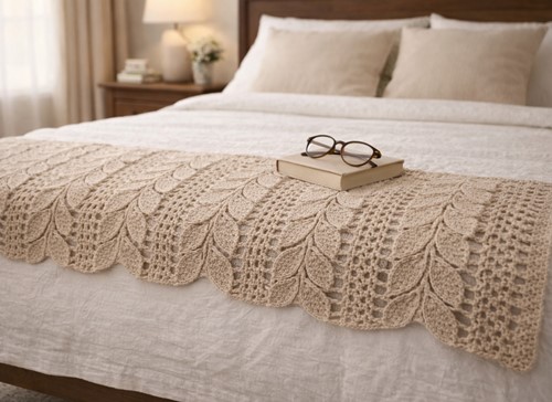 Crochet leaf bed runner on neutral bedroom linen