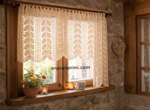 Crochet leaf curtain panel in rustic window decor