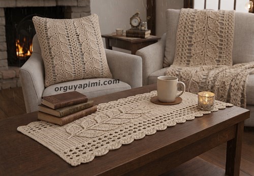 Leaf crochet table runner pattern on wooden coffee table