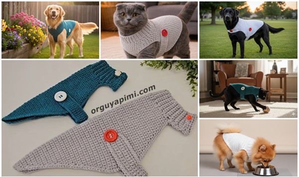 Örgü kedi köpek giysisi yapımı ile hazırlanmış tığ işi evcil hayvan giysileri