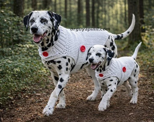 Örgü köpek giysisi yapımı ile örülmüş tığ işi dalmaçyalı köpek kıyafetleri