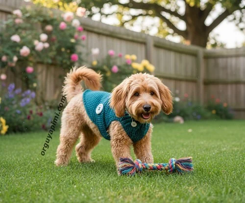 Örgü köpek giysisi yapımı ile hazırlanmış tığ işi küçük ırk köpek kıyafeti