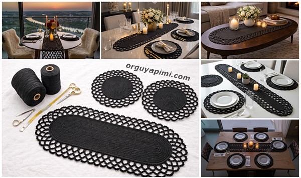 Runner ve Supla Seti, Slim Supra mumlu ip kullanılarak tığ işi (crochet) teknikle örülmüş, oval uçlu runner ve yuvarlak suplalardan oluşan masa takımı sahnelemesi