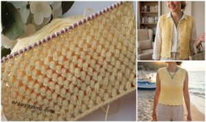 kabartmalı iki şiş örgü modeli ile yapılan ajurlu yazlık bluz ve yelek örneği